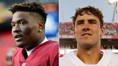 After Daniel Jones (right) was drafted ahead of Dwayne Haskins (left) in the 2019 NFL Draft, some questioned whether the decision was racially motivated.