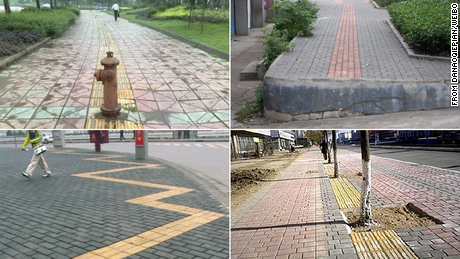 Some tactile paving designed to guide blind pedestrians in China is built in a way that&#39;s unfriendly or dangerous to use.