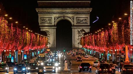 The Champs-Elysees Avenue and the Arc de Triomphe in Paris with Christmas lights on November 22.