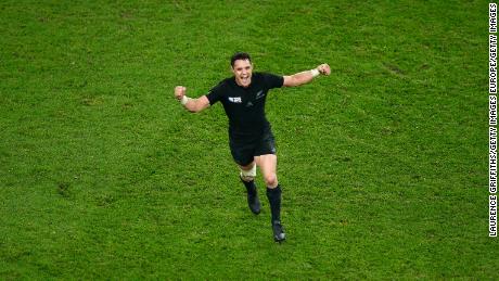 Carter celebrates World Cup victory with the All Blacks in 2015.