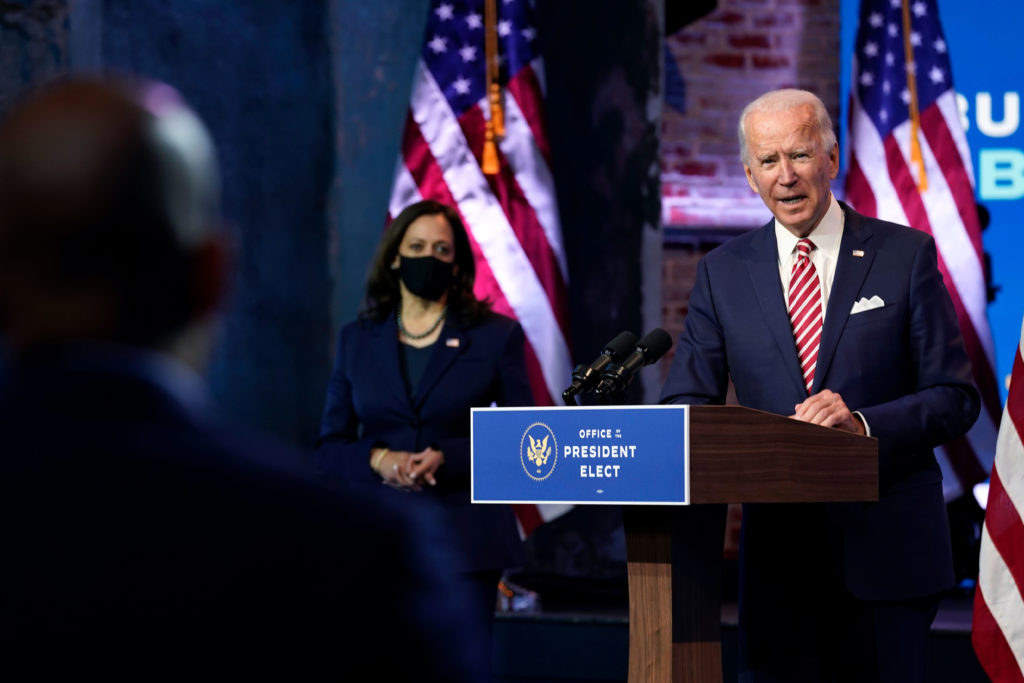 President-elect Joe Biden and Vice President-elect Kamala Harris hold a news conference on November 16 in Wilmington, Delaware.