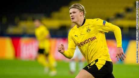 Haaland in action during Dortmund&#39;s Champions League match against Club Brugge.