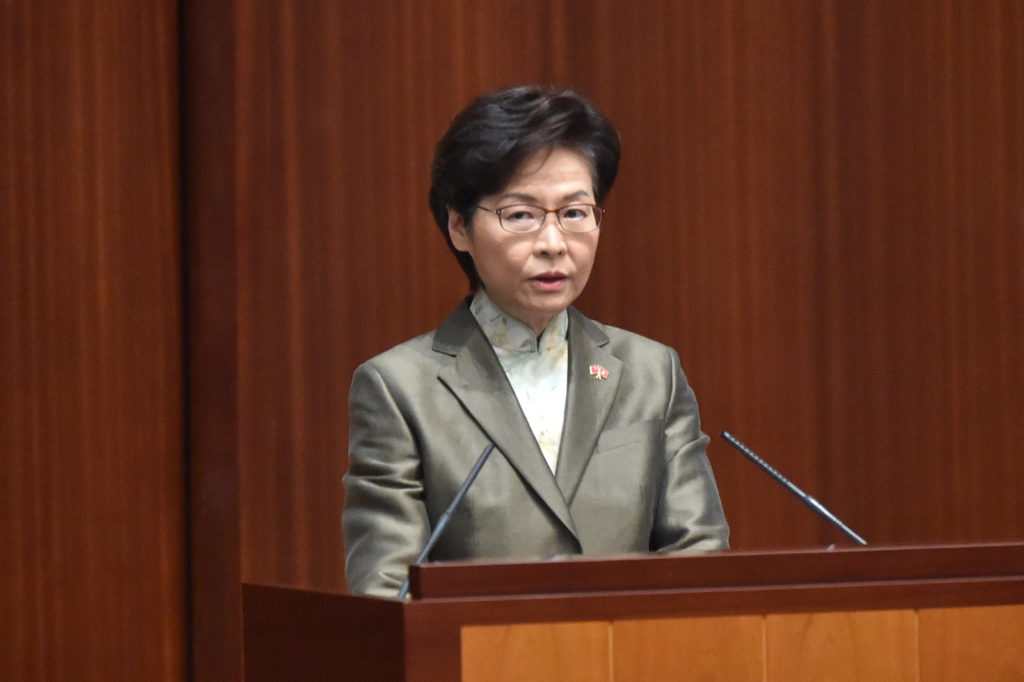 Hong Kong Chief Executive Carrie Lam delivers her annual policy address at the Legislative Council in Hong Kong, on Nov. 25.