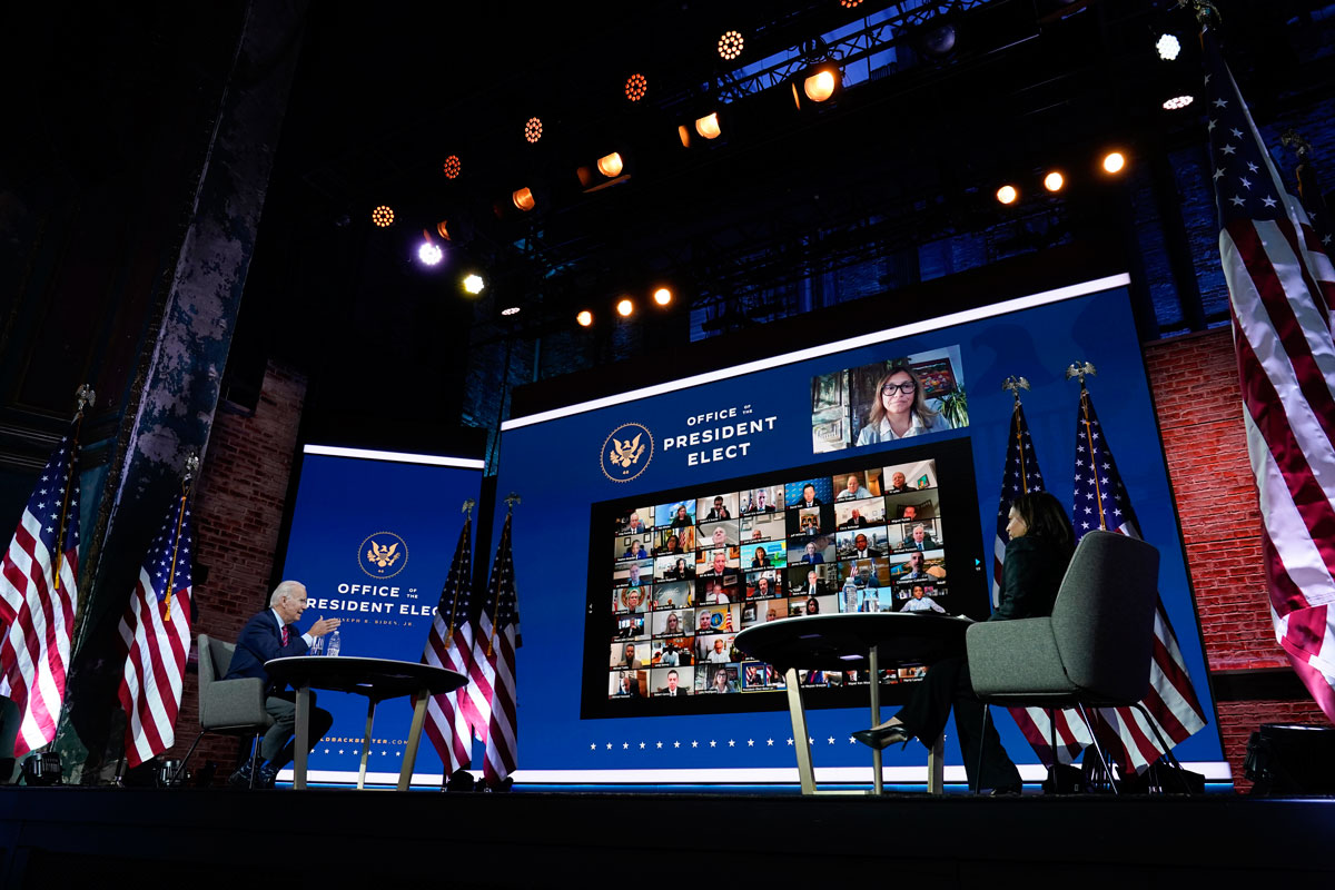 President-elect Joe Biden speaks during a meeting with Vice President-elect Kamala Harris and others at The Queen theater on November 23, in Wilmington, Delaware.