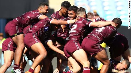The Sea Eagles celebrate Titmuss&#39; try that sealed victory against the Parramatta Eels in the 2017 NYC Grand Final. 
