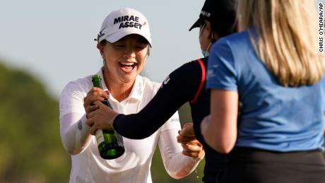 Kim celebrates after winning the LPGA Pelican Women&#39;s Championship.