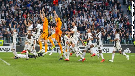 Juventus players celebrate after wining the leaue title in April, 2019. 