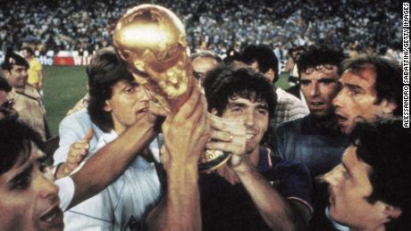 Bruno Conti, Giancarlo Antognoni, Paolo Rossi, Dino Zoff, Francesco Graziani and Franco Selvaggi of Italy celebrate after winning the 1982 World Cup.