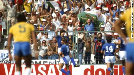 Paolo Rossi celebrates with Giancarlo Antognoni after scoring for Italy in the 3-2 win against Brazil at the 1982 World Cup.