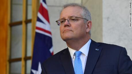 Prime Minister Scott Morrison reacts during a press conference in the Prime Minister&#39;s courtyard on December 11 in Canberra, Australia.