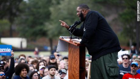 Killer Mike addresses a campaign rally ahead of Democratic presidential candidate Sen. Bernie Sanders in South Carolina on February 28. 