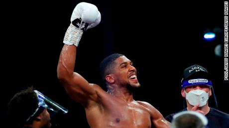 Anthony Joshua reacts to victory over Kubrat Pulev on Saturday. 