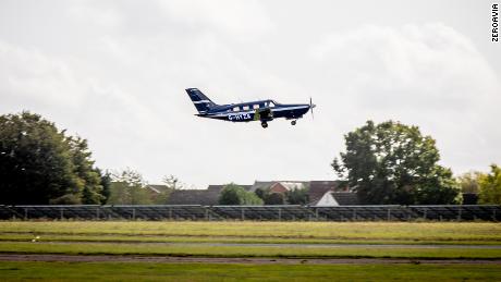 A six-seater Piper Malibu M350 flies with ZeroAvia&#39;s powertrain at Cranfield, England in September. 