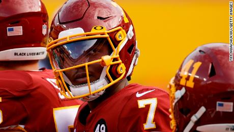 Dwayne Haskins Jr. #7 of the Washington Football Team looks on against the Seattle Seahawks at FedExField on December 20, 2020 in Landover, Maryland.