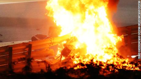 A fire is pictured following Romain Grosjean&#39;s crash. 