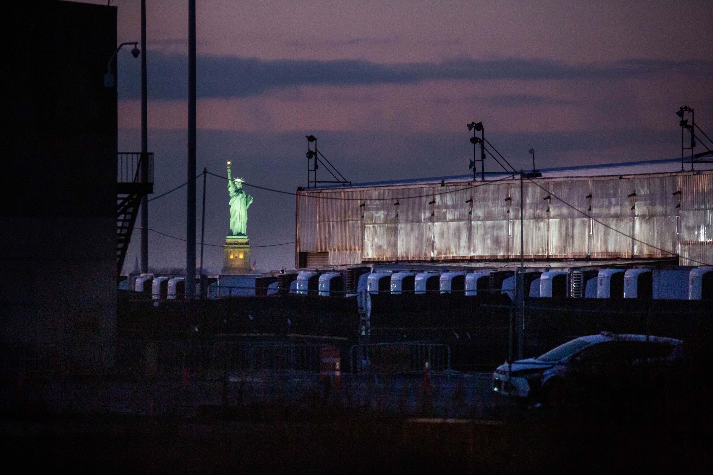 A Covid-19 disaster morgue made up of refrigerated trailers is pictured at the South Brooklyn Marine Terminal in New York, on December 14.