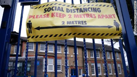 A general view of social distancing signs displayed at Coldfall Primary School in Muswell Hill on January 2, 2021 in London, England. 