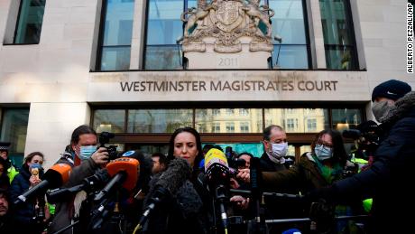 Assange&#39;s partner Stella Moris speaks outside Westminster Magistrates Court in London after he was denied bail on Wednesday.