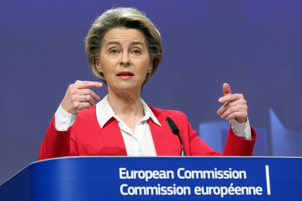European Commission President Ursula Von Der Leyen gives a presser on vaccine strategy, on January 8 in Brussels.