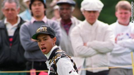 High school student  Woods, 17, reacts after dropping a birdie putt on the 15th hole of the Los Angeles Open at the Riviera Country Club in Los Angeles, Calif., on Thursday, Feb. 25, 1993.