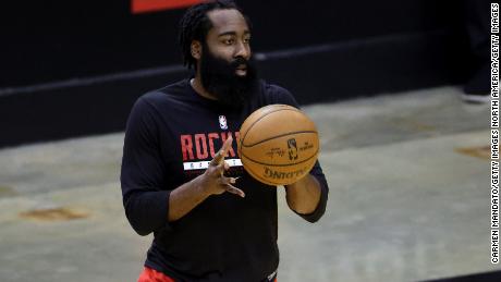 Harden warms up prior to facing the LA Lakers at Toyota Center.
