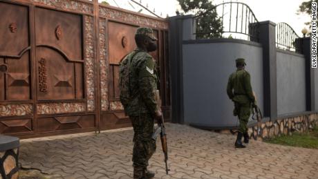Security forces outside Bobi Wine&#39;s property on Friday in the Ugandan capital of Kampala.