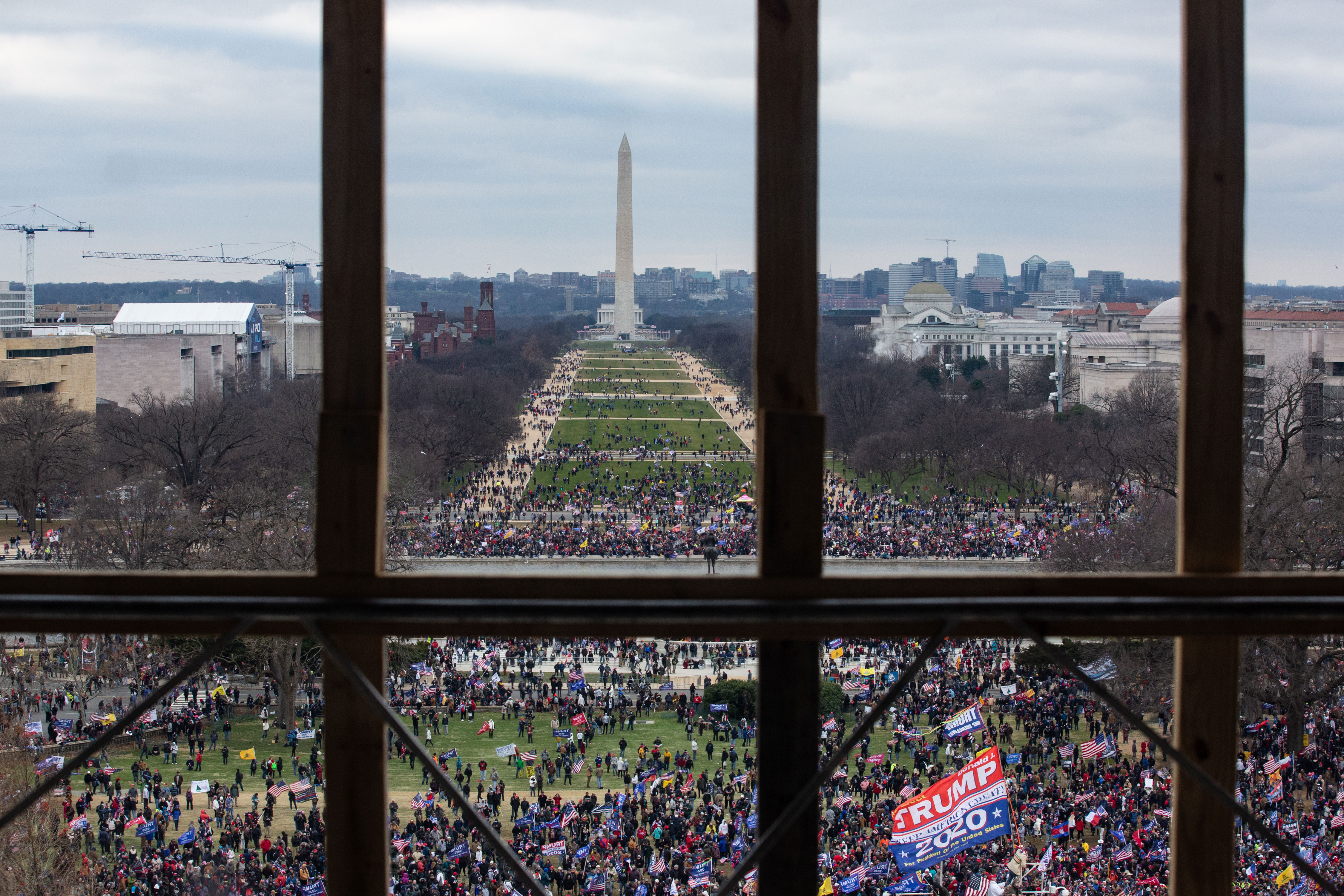 A crowd of Donald Trump supporters is seen from inside the Capitol on January 6.