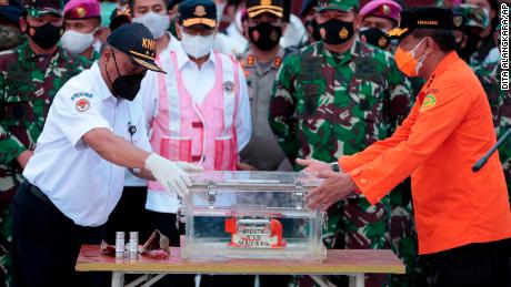 The flight data recorder of Sriwijaya Air flight 182 retrieved from the Java Sea where the passenger jet crashed on January 12, 2021. 