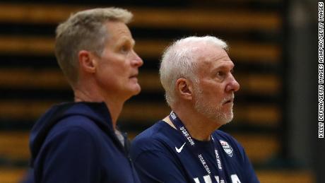 Popovich (right) and Kerr look on during a Team USA training session in August 2019.
