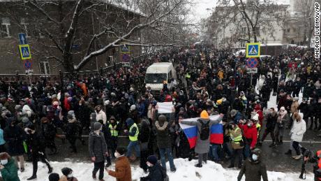 People attend a protest in Moscow on Sunday against the jailing of Alexey Navalny.