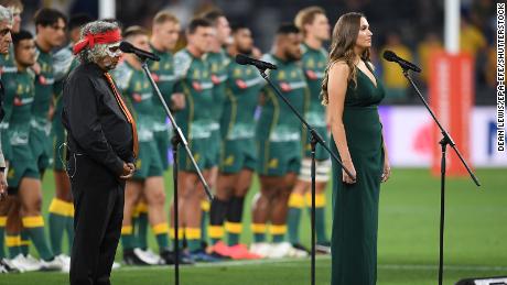 National rugby players sing Australia&#39;s national anthem in Indigenous language for first time before match