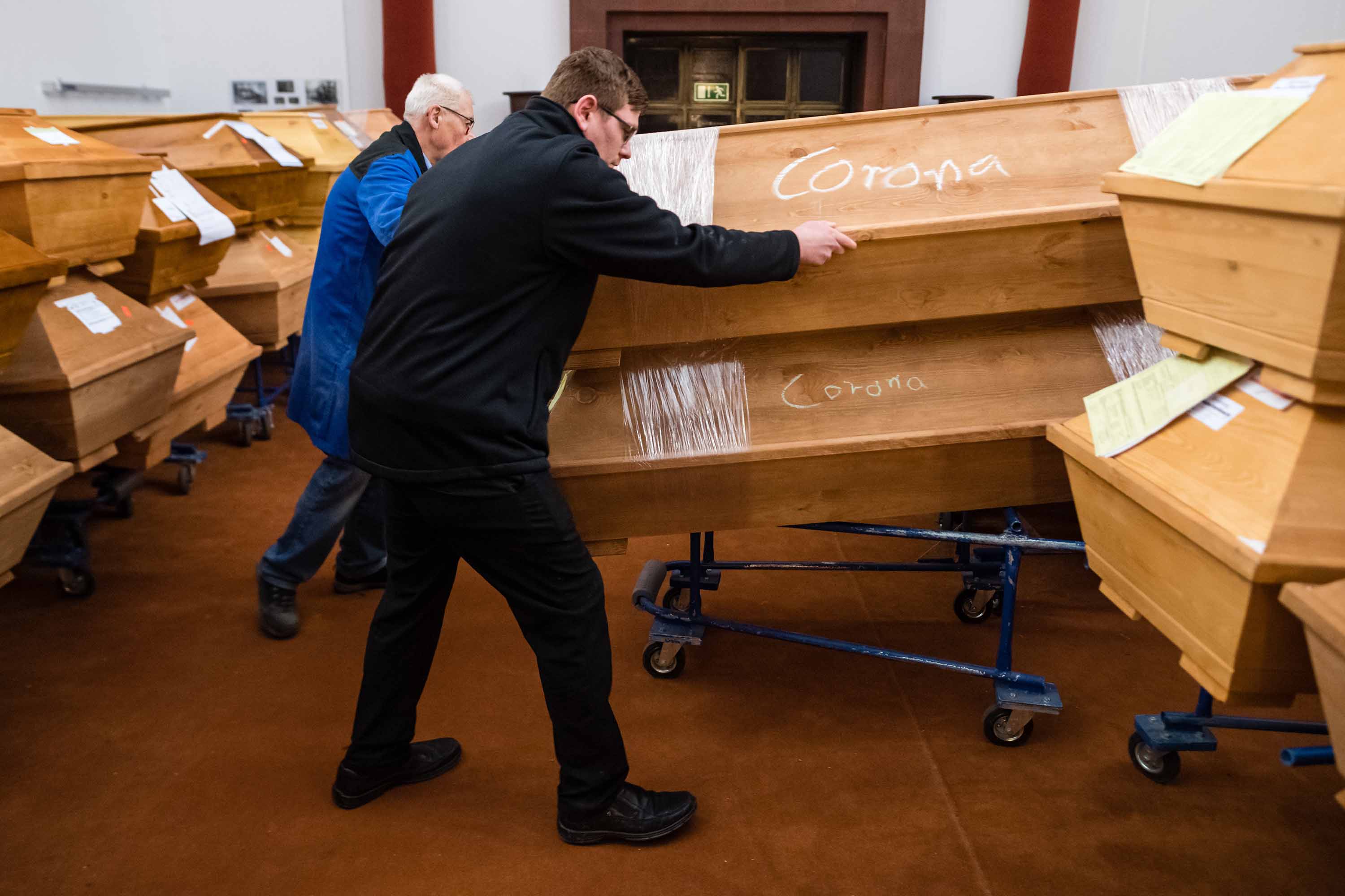 Employees move coffins at a crematorium in Meissen, Germany on January 13.