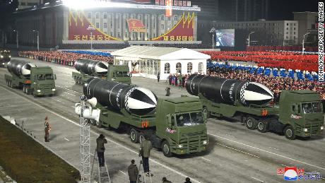 Weapons that appear to be submarine-launched ballistic missiles are shown during a military parade celebrating the 8th Congress of the Workers&#39; Party of Korea in Pyongyang on January 14, 2021.