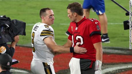 Two of the greatest quarterbacks in NFL history Brees and Brady  share a few words after the regular season game between the Saints and the Buccaneers.