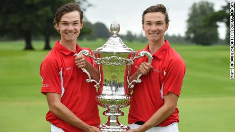 Danish players and twin brothers Nicolai, left, and Rasmus Hojgaard with the Eisenhower Trophy.