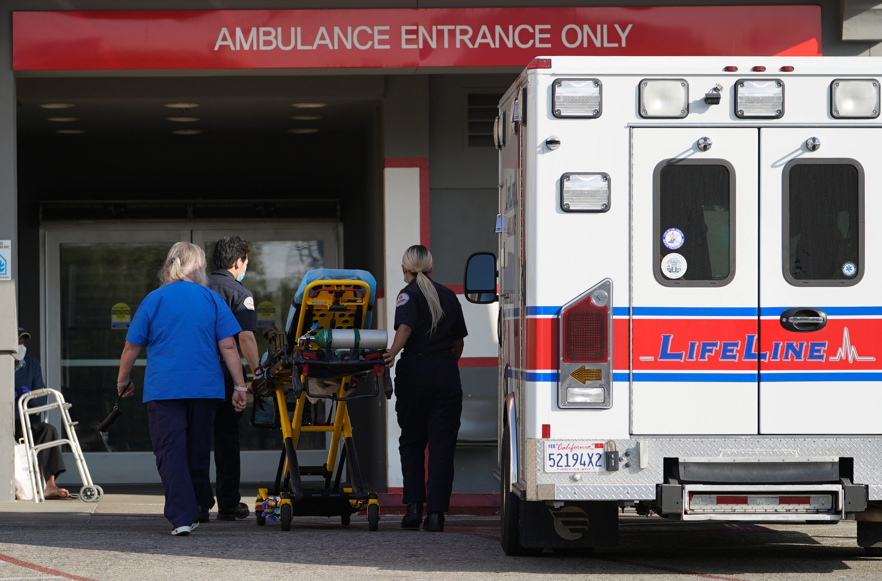 A LifeLine Ambulance arrives at the CHA Hollywood Presbyterian Medical Center in Los Angeles on January 5.