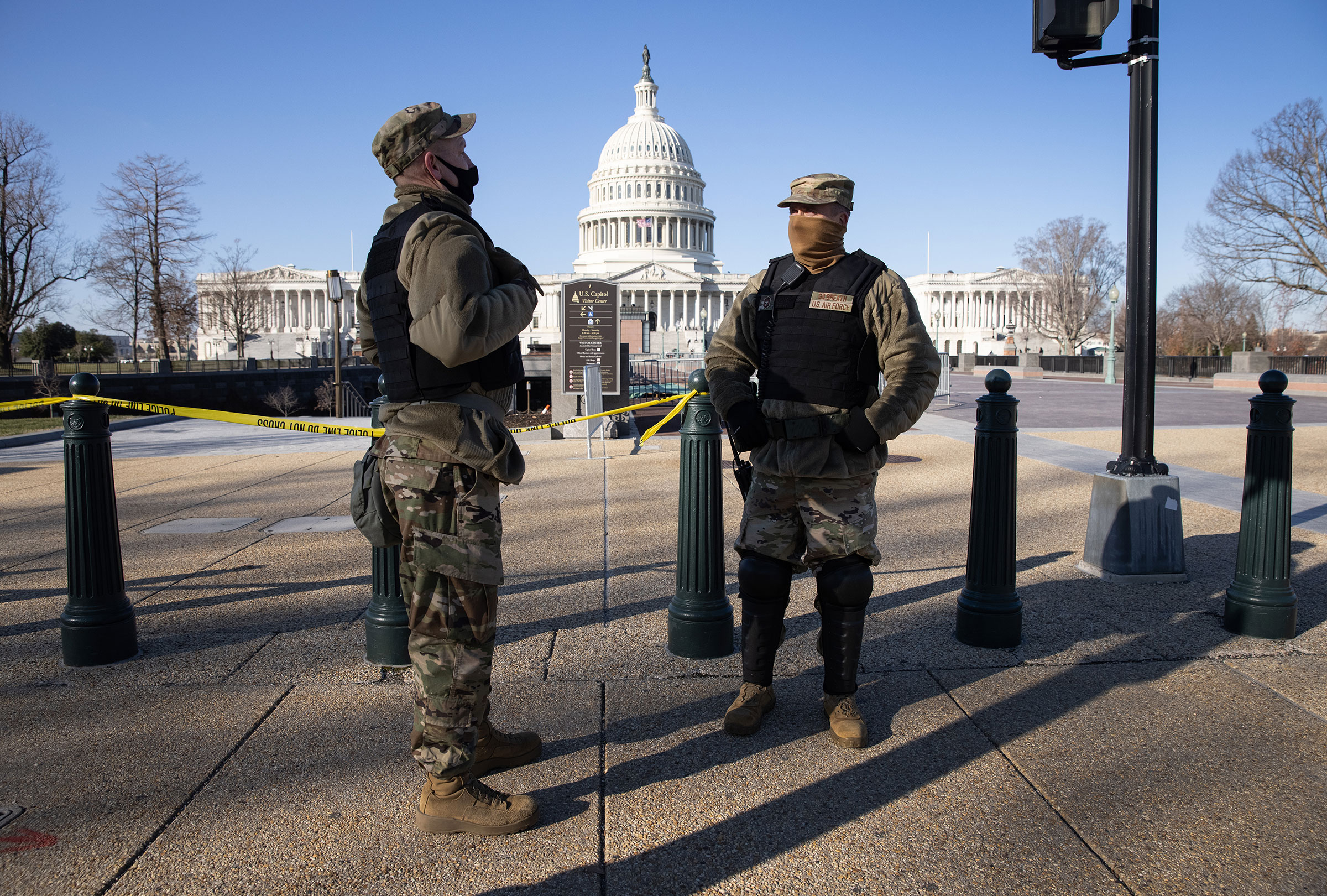 DC National Guard guardsmen stand outside the Capitol on January 7 in Washington, DC. 