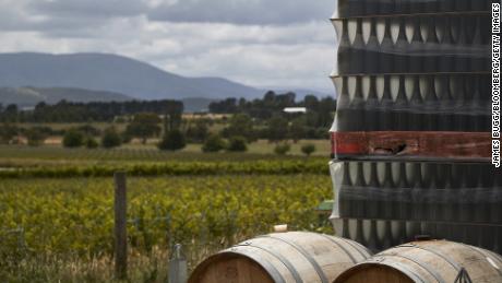 Wine barrels and pallets of bottles are stacked at a winery in the Yarra Valley, Victoria, Australia, on December 7.