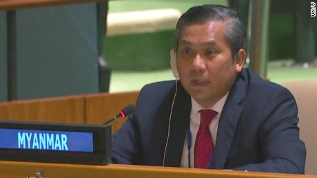 Myanmar&#39;s UN Ambassador Kyaw Moe Tun speaks inside the General Assembly on February 26. 