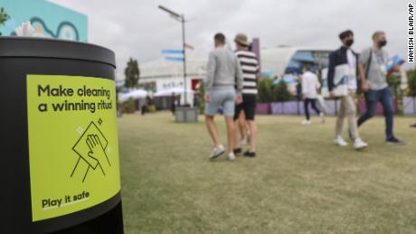 A hand sanitizer dispenser at Melbourne Park is seen ahead of the first round matches at the Australian Open on Monday.