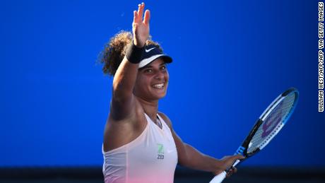 Sherif celebrates her first-round win at the Australian Open.