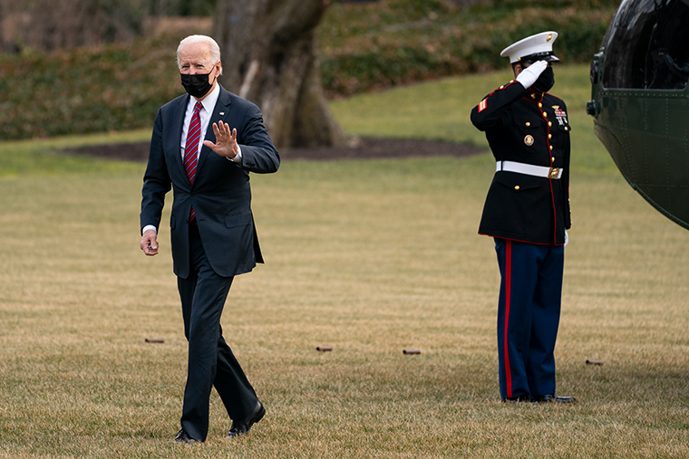 President Joe Biden arrives at the White House after visiting wounded troops and touring a COVID-19 vaccine center at Walter Reed National Military Medical Center, Friday, Jan. 29, 2021, in Washington. 