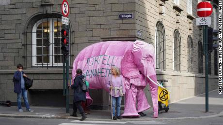Extinction Rebellion activists protest against Norway&#39;s climate policy, proclaiming: &quot;There&#39;s an elephant in the room that we aren&#39;t talking about.&quot;