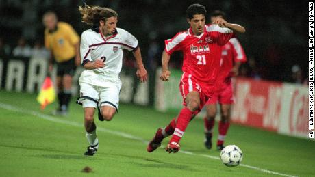 Iran&#39;s Minavand (right) in action vs. USA&#39;s Frankie Hejduk (left) in 1998 in Lyon, France.