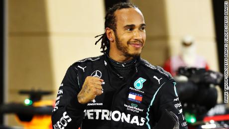 Hamilton celebrates during last year&#39;s Bahrain GP.