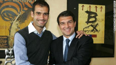 Joan Laporta (R) hired Pep Guardiola to be Barcelona new head coach in 2008.