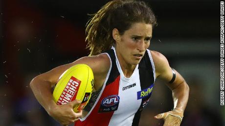 Cat Phillips of the Saints runs with the ball during the round 1 AFLW match between the St Kilda Saints and the Western Bulldogs at RSEA Park on January 29, 2021 in Melbourne, Australia.