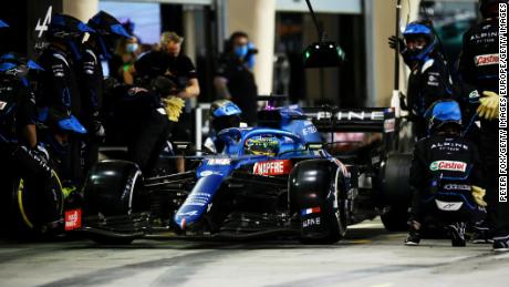 Driving the (14) Alpine A521 Renault, Fernando Alonso stops in the pitlane during the Bahrain Grand Prix.