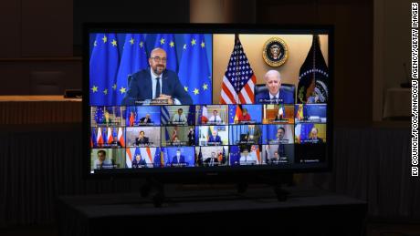 President Joe Biden attends the virtual EU Leaders&#39; Summit in Brussels, Belgium on March 25, 2021.