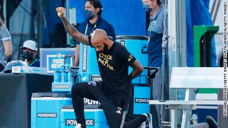Thierry Henry takes a knee in support of Black Lives Matter back in July 2020 when he was head coach of CF Montreal.